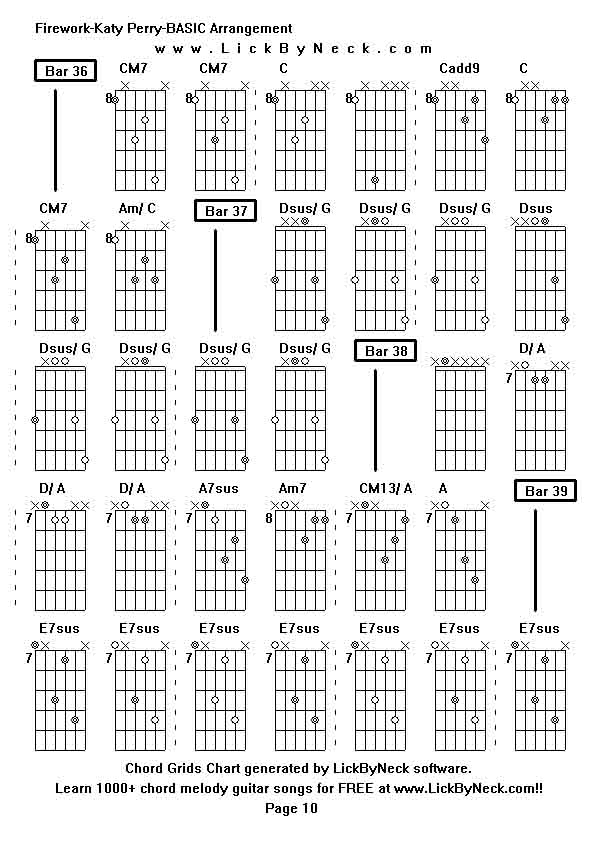 Chord Grids Chart of chord melody fingerstyle guitar song-Firework-Katy Perry-BASIC Arrangement,generated by LickByNeck software.